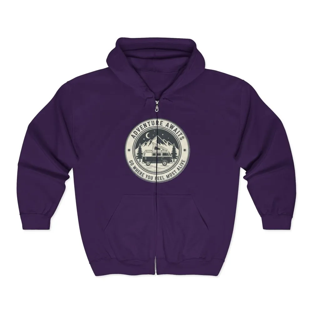Zip Hoodie — "Adventure Awaits-Go Where You Feel Most Alive" (Front + Back Printed) Camper Van Adventure Zip-Up