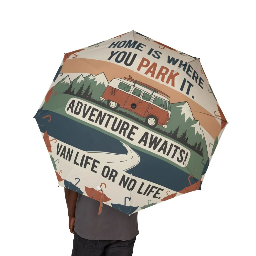 Semi-Automatic Foldable Umbrella — "Home Is Where You Park It-Adventure Awaits" Vintage Adventure Print