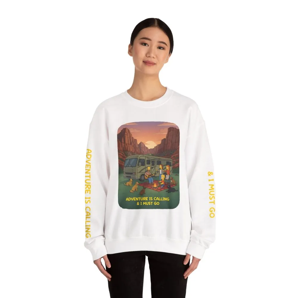 Unisex Heavy Blend™ Crewneck Sweatshirt — "Adventure Is Calling-I Must Go" Design Sitcom-Line