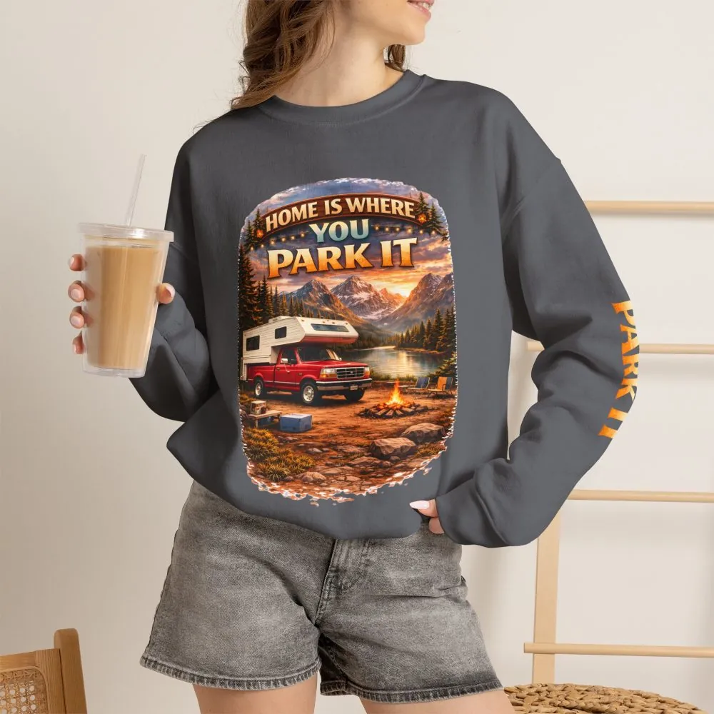 Unisex Heavy Blend™ Crewneck Sweatshirt — "Home Is Where You Park It" Design Scenic-Line