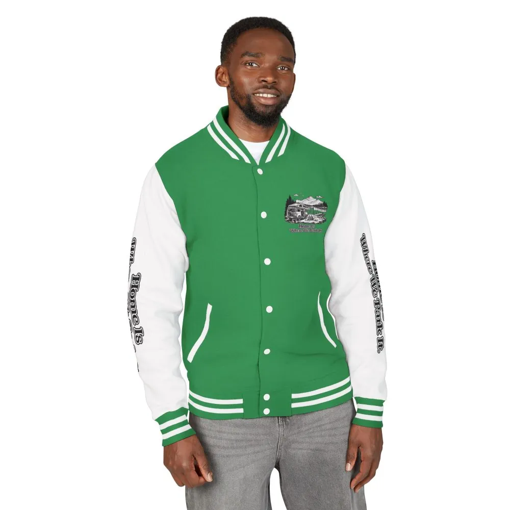 8489076398899377998_2048.jpeg Unisex Heavyweight Letterman Jacket — "Home Is Where You Park It" Travel Varsity Coat