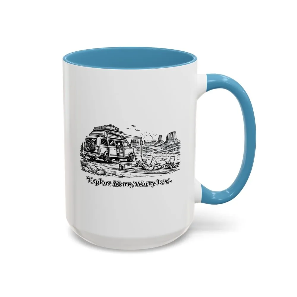 Accent Coffee Mug (11, 15oz) — "Explore More Worry Less" Design Minimal-Line