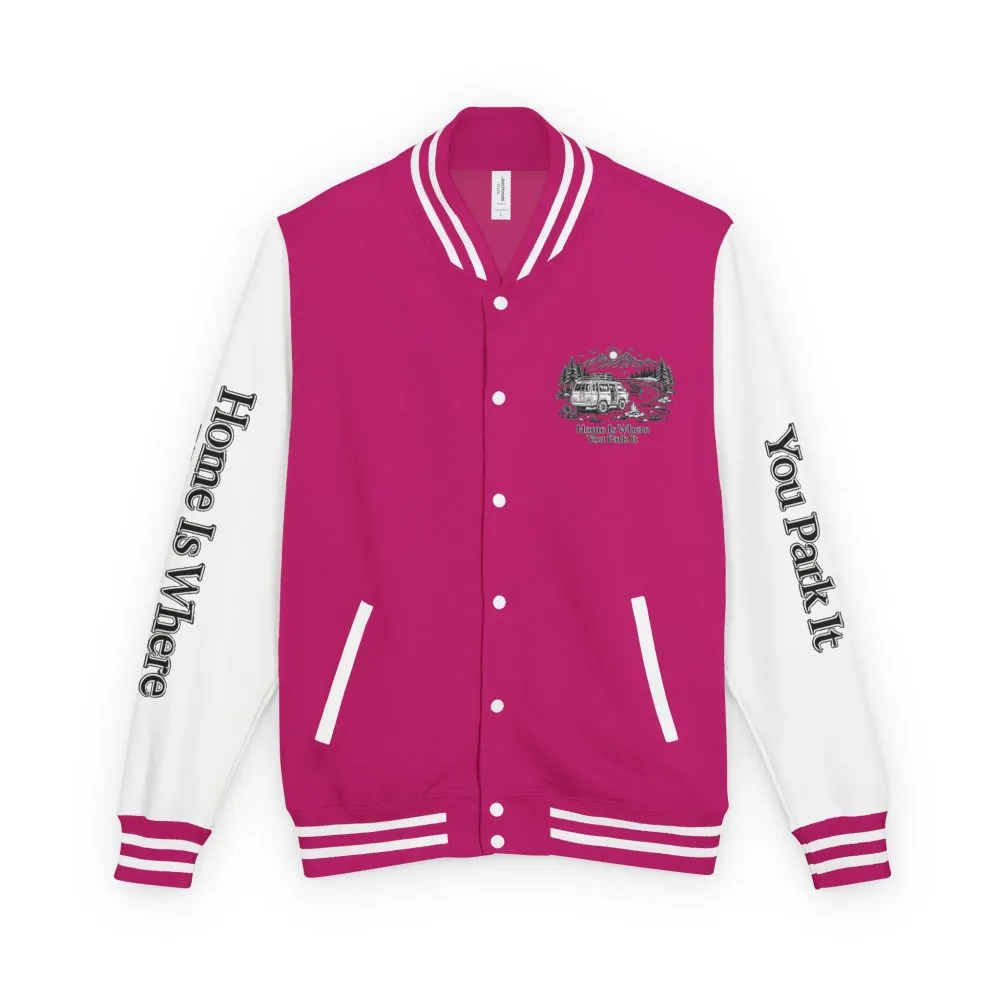 8545542107909006520_2048.jpeg Unisex Heavyweight Letterman Jacket — "Home Is Where You Park It" Travel Varsity Coat
