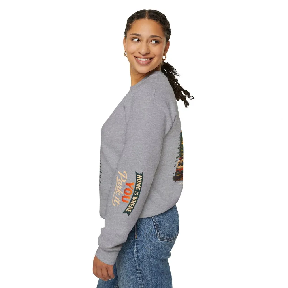 Unisex Heavy Blend™ Crewneck Sweatshirt — "Home Is Where You Park It" Design Scenic-Line
