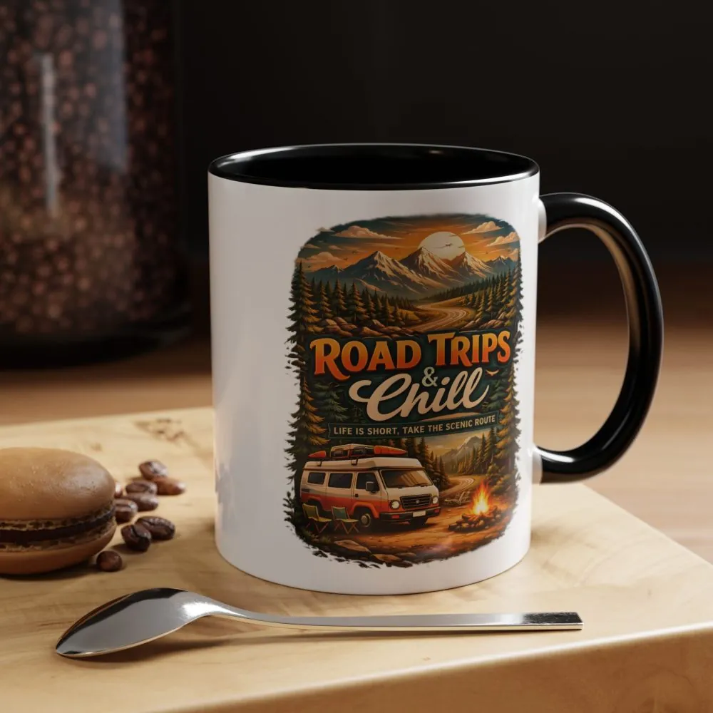 Accent Coffee Mug (11, 15oz) — "Road Trips & Chill" Design Scenic-Line