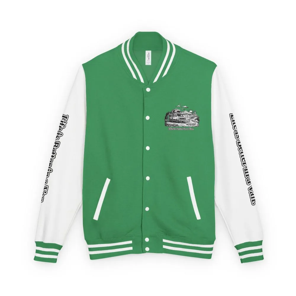 8591467699015978399_2048.jpeg Unisex Heavyweight Letterman Jacket — "Life Is Better In A Van" Travel Varsity Coat