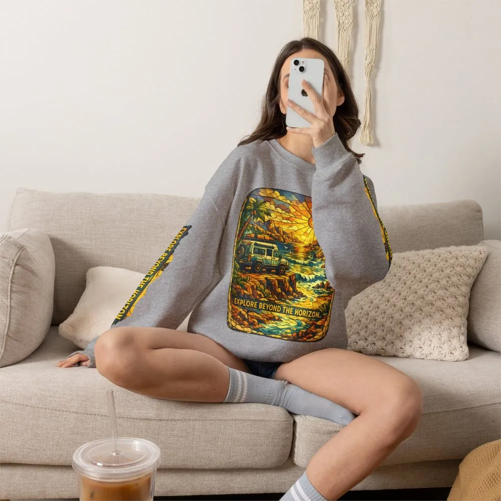 Unisex Heavy Blend™ Crewneck Sweatshirt — "Explore Beyond The Horizon" Design Cubic-Line