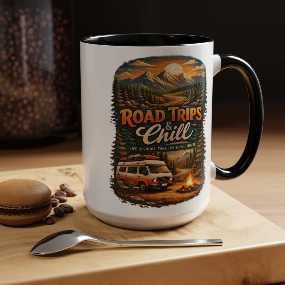 Accent Coffee Mug (11, 15oz) — "Road Trips & Chill" Design Scenic-Line