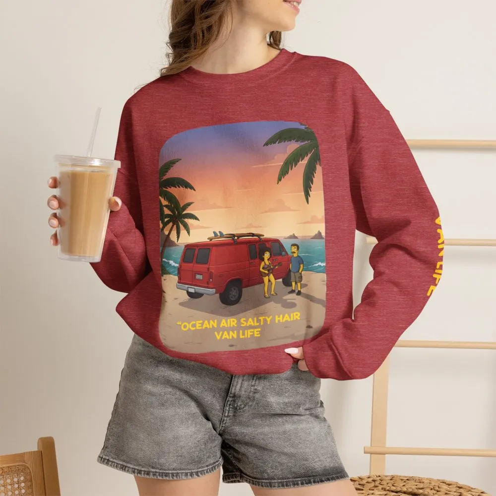 Unisex Heavy Blend™ Crewneck Sweatshirt — "Ocean Air Salty Hair Van Life" Design Sitcom-Line