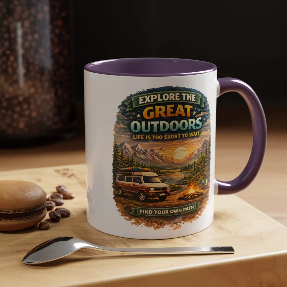 Accent Coffee Mug (11, 15oz) — "Explore The Great Outdoors" Design Scenic-Line