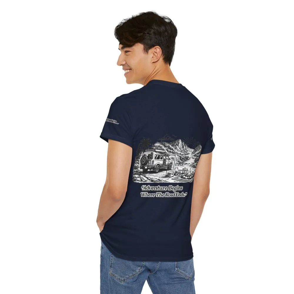 8641027929784043566_2048.jpeg Unisex Heavy Cotton Tee — "Adventure Begins Where The Road Ends" Design Minimal-Line