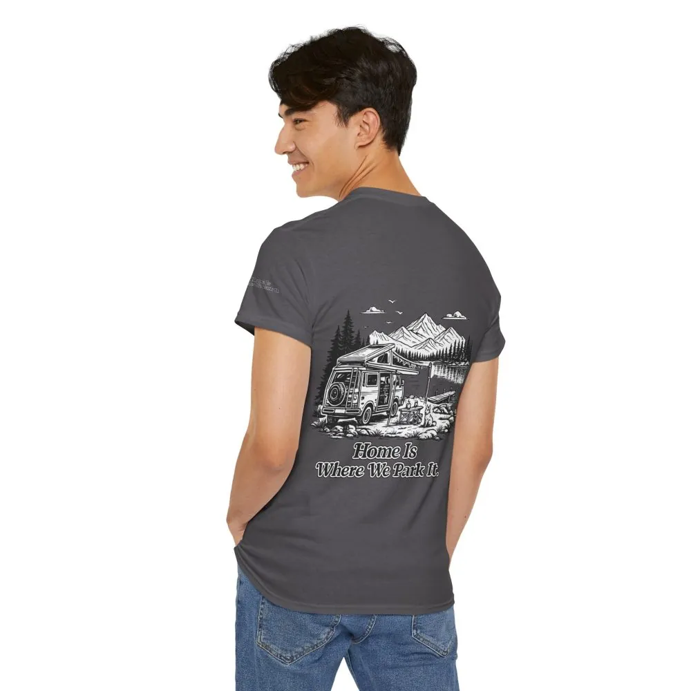 864279503420754881_2048.jpeg Unisex Heavy Cotton Tee — "Home Is Where You Park It" Design Minimal-Line