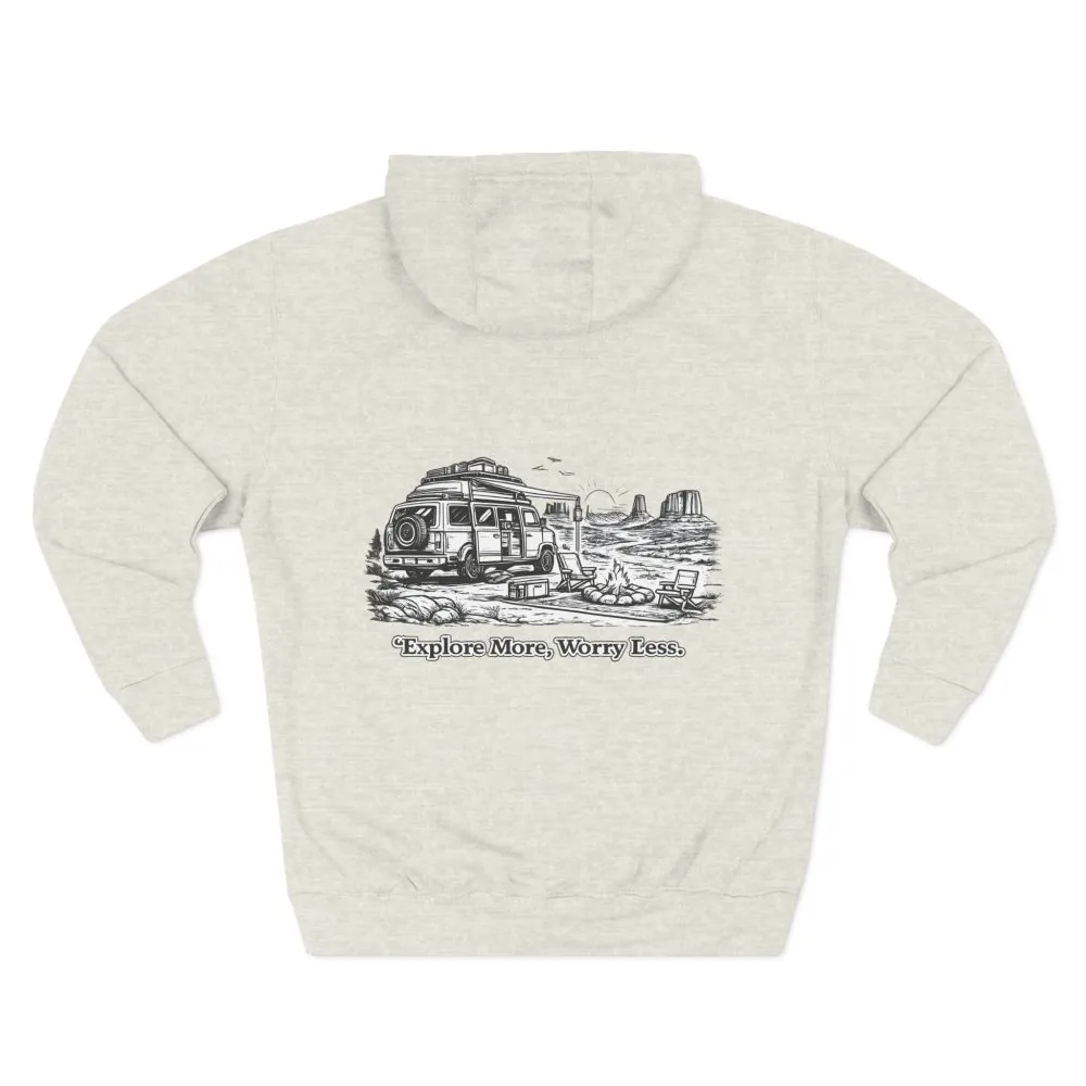 Three-Panel Fleece Hoodie - "Explore More Worry Less" Design Minimal-Line
