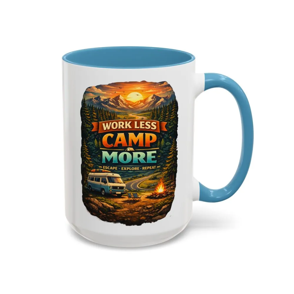 Accent Coffee Mug (11, 15oz) — "Work Less-Camp More" Design Scenic-Line