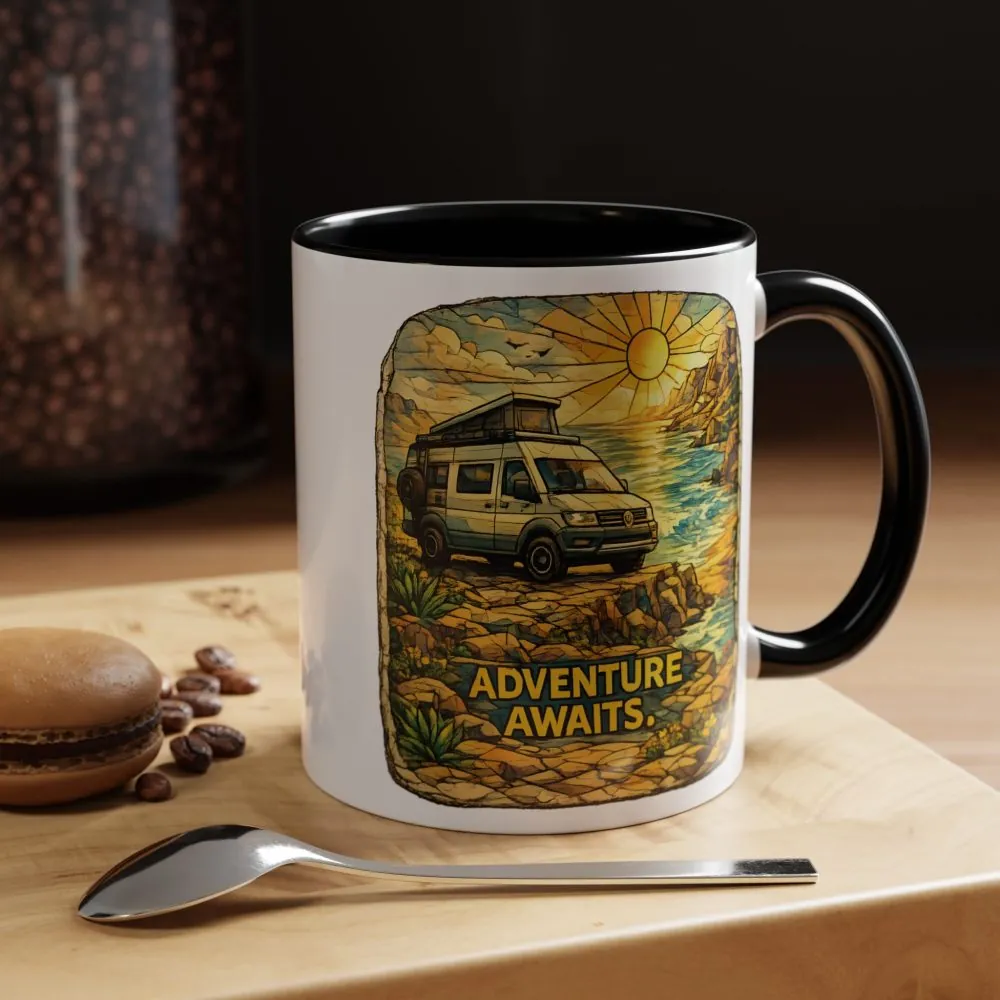 Accent Coffee Mug (11, 15oz) — "Adventure Awaits" Design Cubic-Line