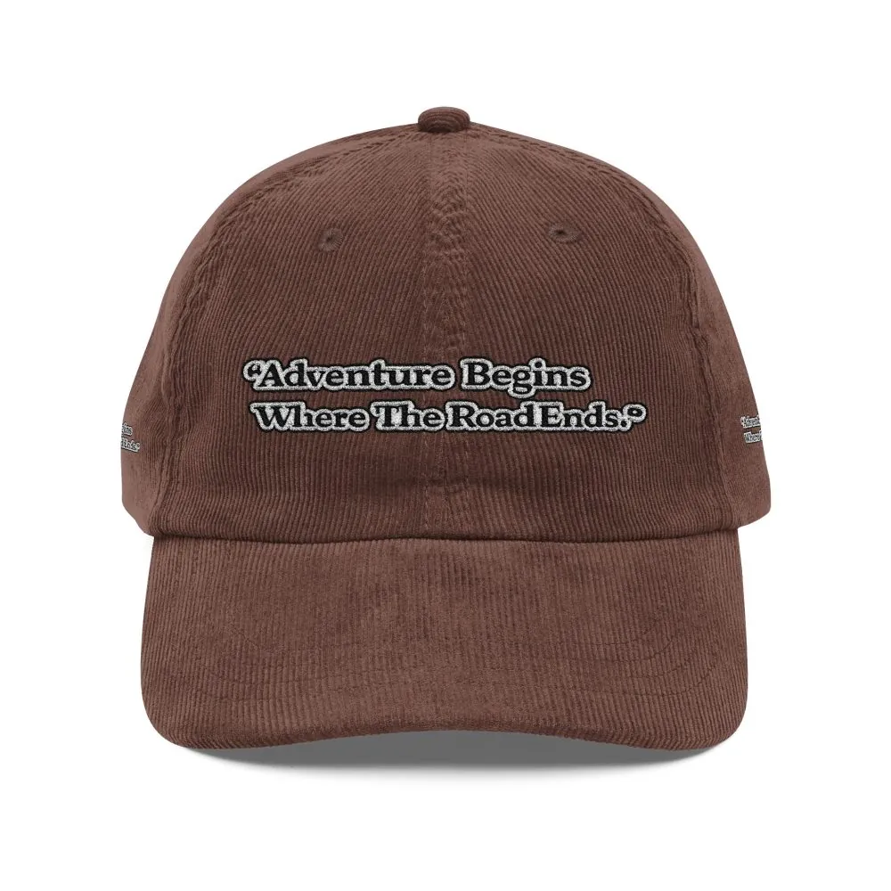 8649848223653044040_2048.jpeg Vintage Corduroy Cap (Embroidery) — "Adventure Begins Where The Road Ends" Embroidered Hat