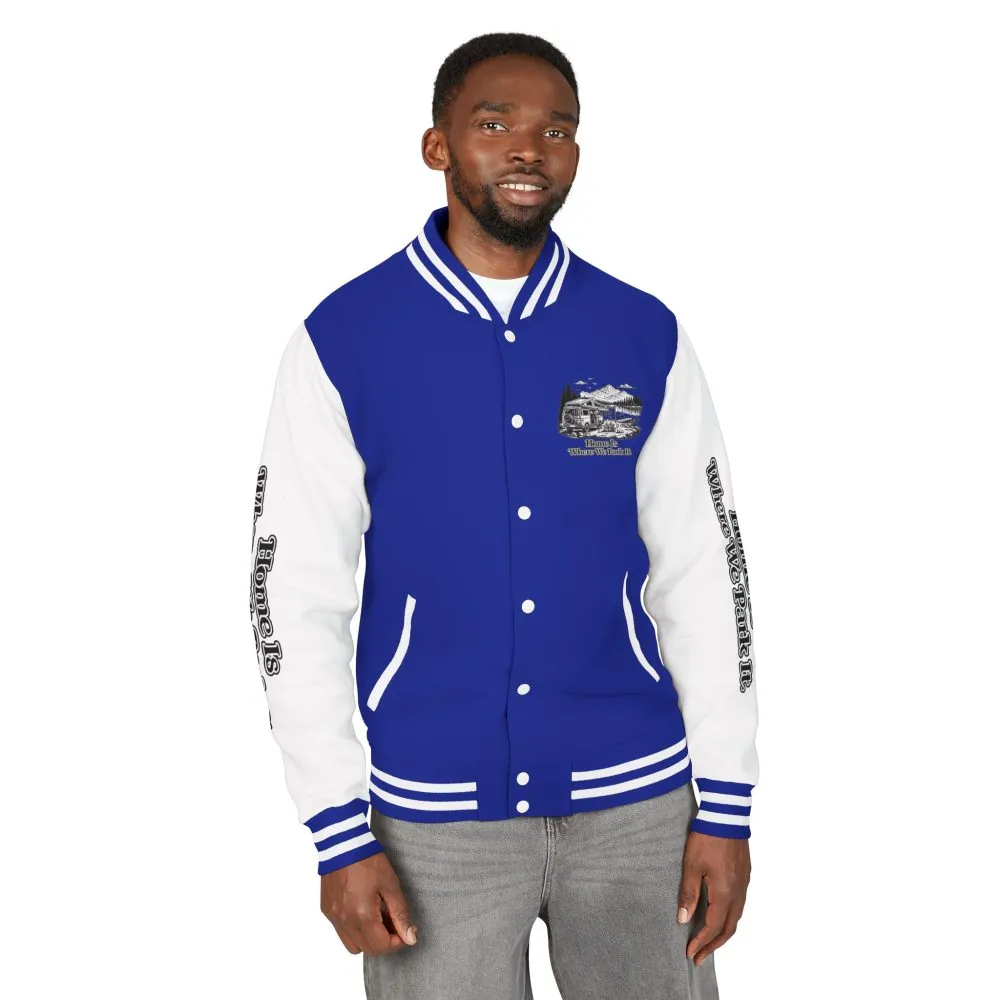 8662282094808979630_2048.jpeg Unisex Heavyweight Letterman Jacket — "Home Is Where You Park It" Travel Varsity Coat