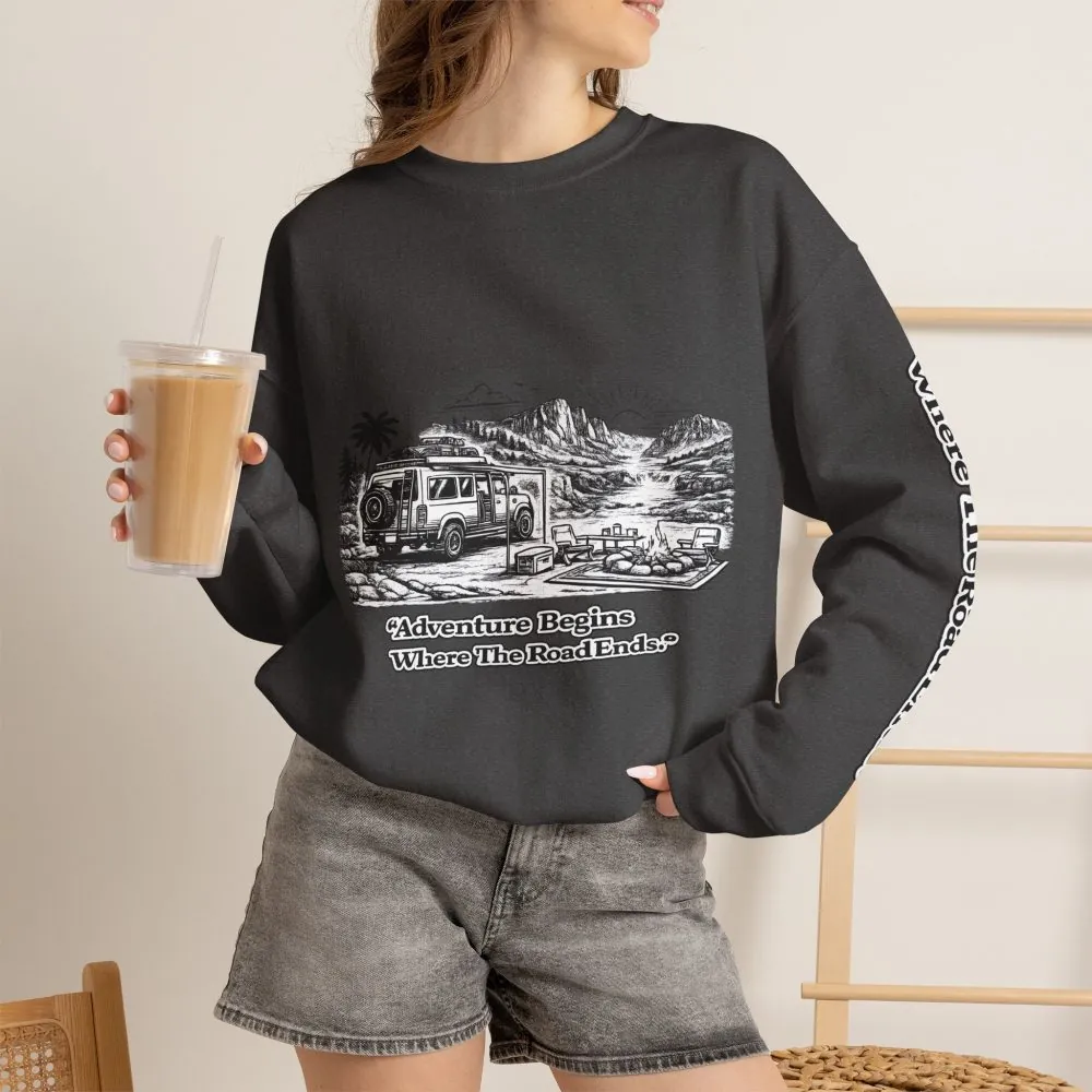 8667444509117169839_2048.jpeg Unisex Heavy Blend™ Crewneck Sweatshirt — "Adventure Begins Where The Road Ends" Design Minimal-Line