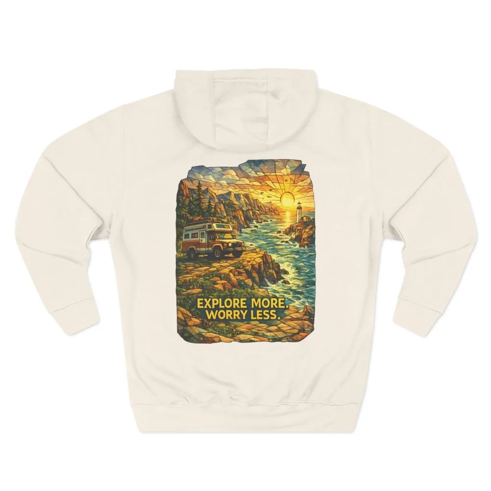 Three-Panel Fleece Hoodie - "Explore More Worry Less" Design Cubic-Line