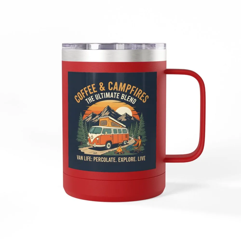 Coffee Mug Tumbler, 15oz — “Coffee & Campfires: The Ultimate Blend”