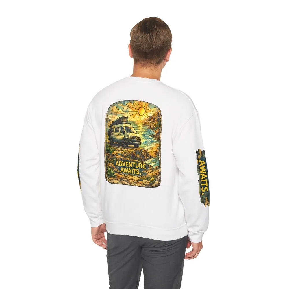 Unisex Heavy Blend™ Crewneck Sweatshirt — "Adventure Awaits" Design Cubic-Line