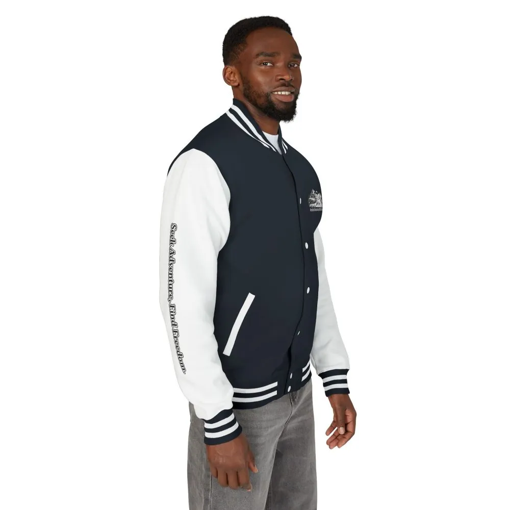 Unisex Heavyweight Letterman Jacket — "Seek Adventure, Find Freedom" Travel Varsity Coat