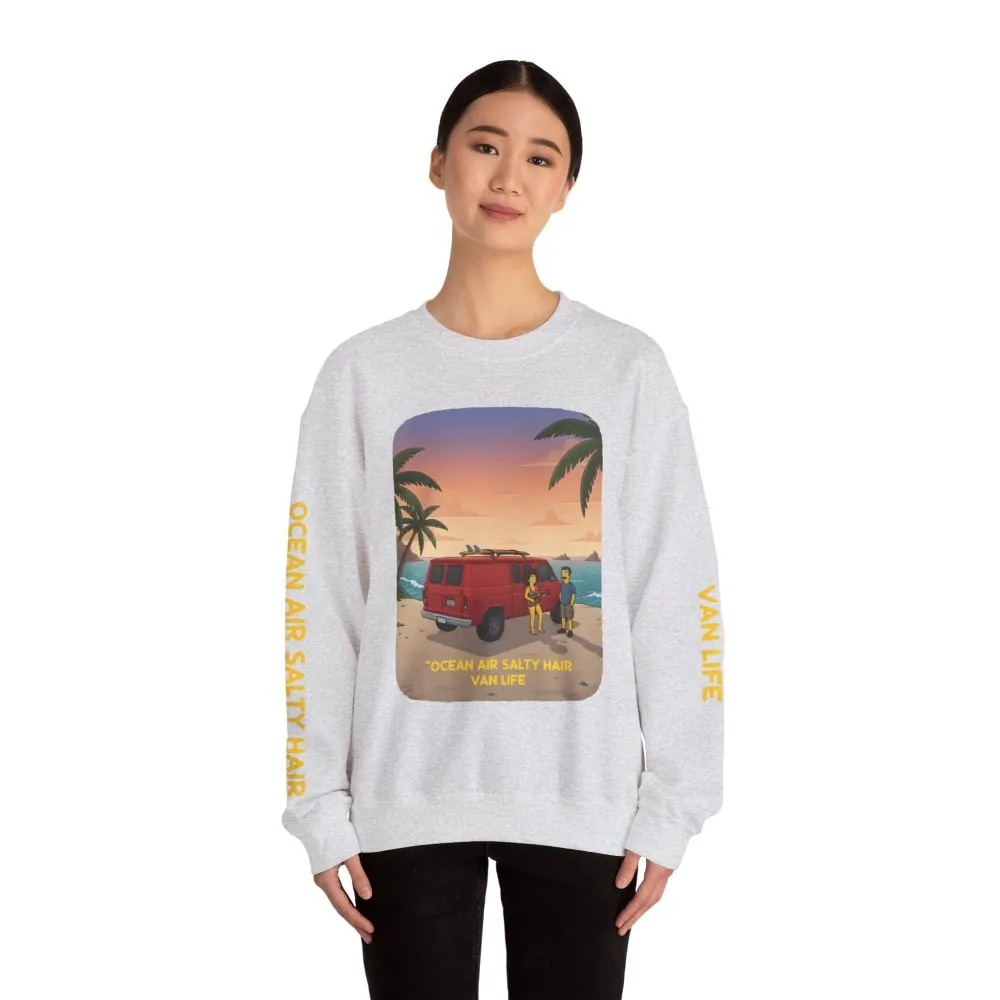 Unisex Heavy Blend™ Crewneck Sweatshirt — "Ocean Air Salty Hair Van Life" Design Sitcom-Line
