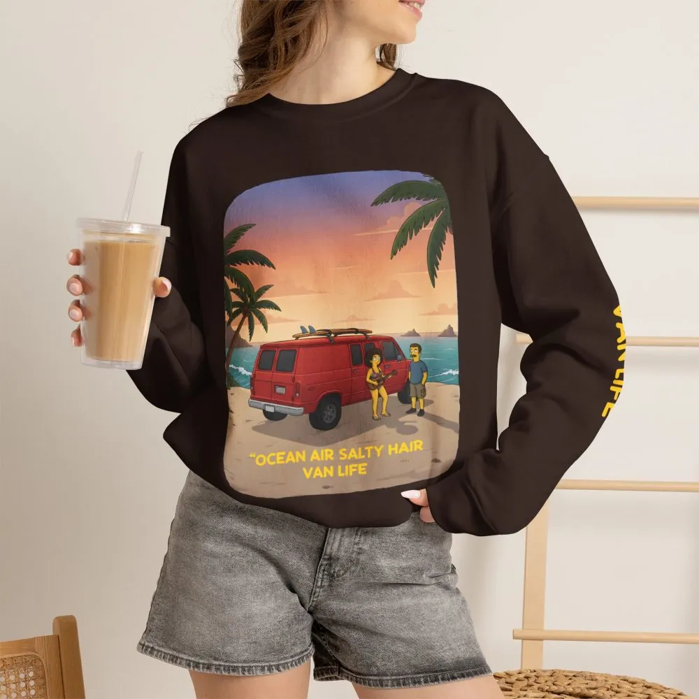 Unisex Heavy Blend™ Crewneck Sweatshirt — "Ocean Air Salty Hair Van Life" Design Sitcom-Line