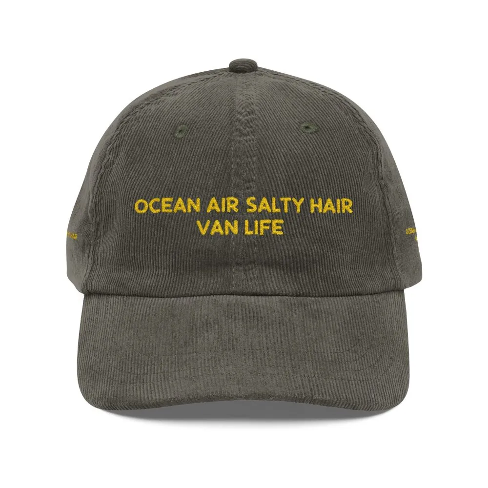 8821865263903733126_2048.jpeg Vintage Corduroy Cap (Embroidery) — "Ocean Air Salty Hair Van Live " Embroidered Hat