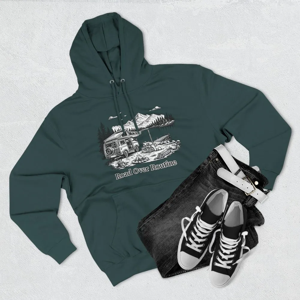 Three-Panel Fleece Hoodie - "Road Over Routine" Design Minimal-Line