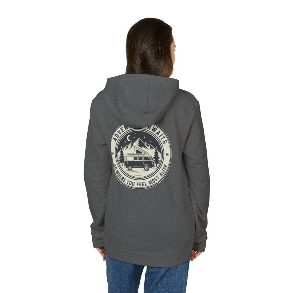 Hoodie(Adidas) — 'Adventure Awaits-Go Where You Feel Most Alive' Outdoor Travel Pullover (Only Back Printed)
