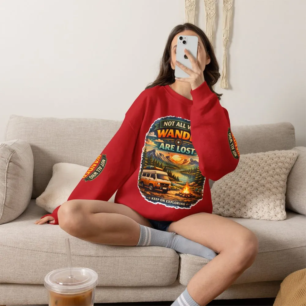 Unisex Heavy Blend™ Crewneck Sweatshirt — "Not All Who Wander Are Lost" Design Scenic-Line