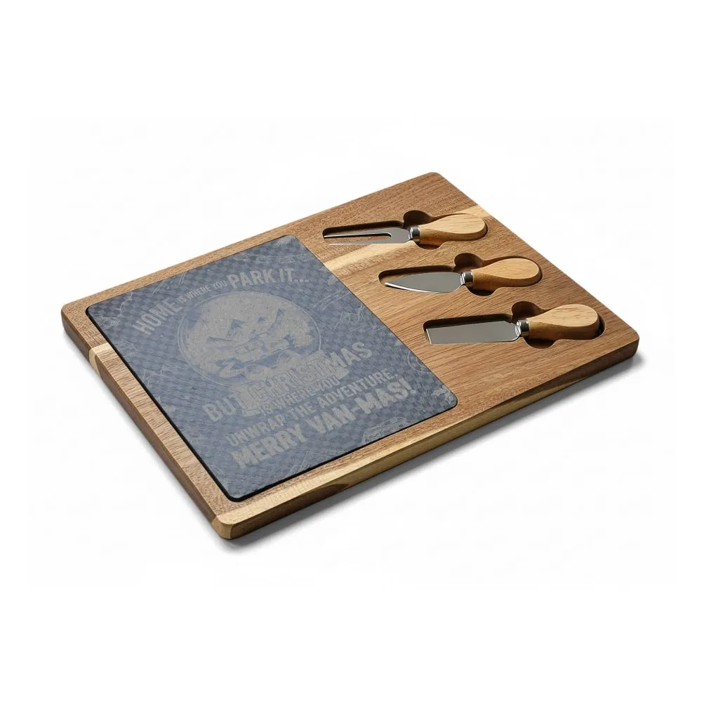 8854784871004544977_2048.jpeg "Gift" Engraved Oak Charcuterie Board with Cheese Tools — "Home Is Where You Park It-But Christmas Is Where You Unwrap The Adventure - Merry Van-mas"
