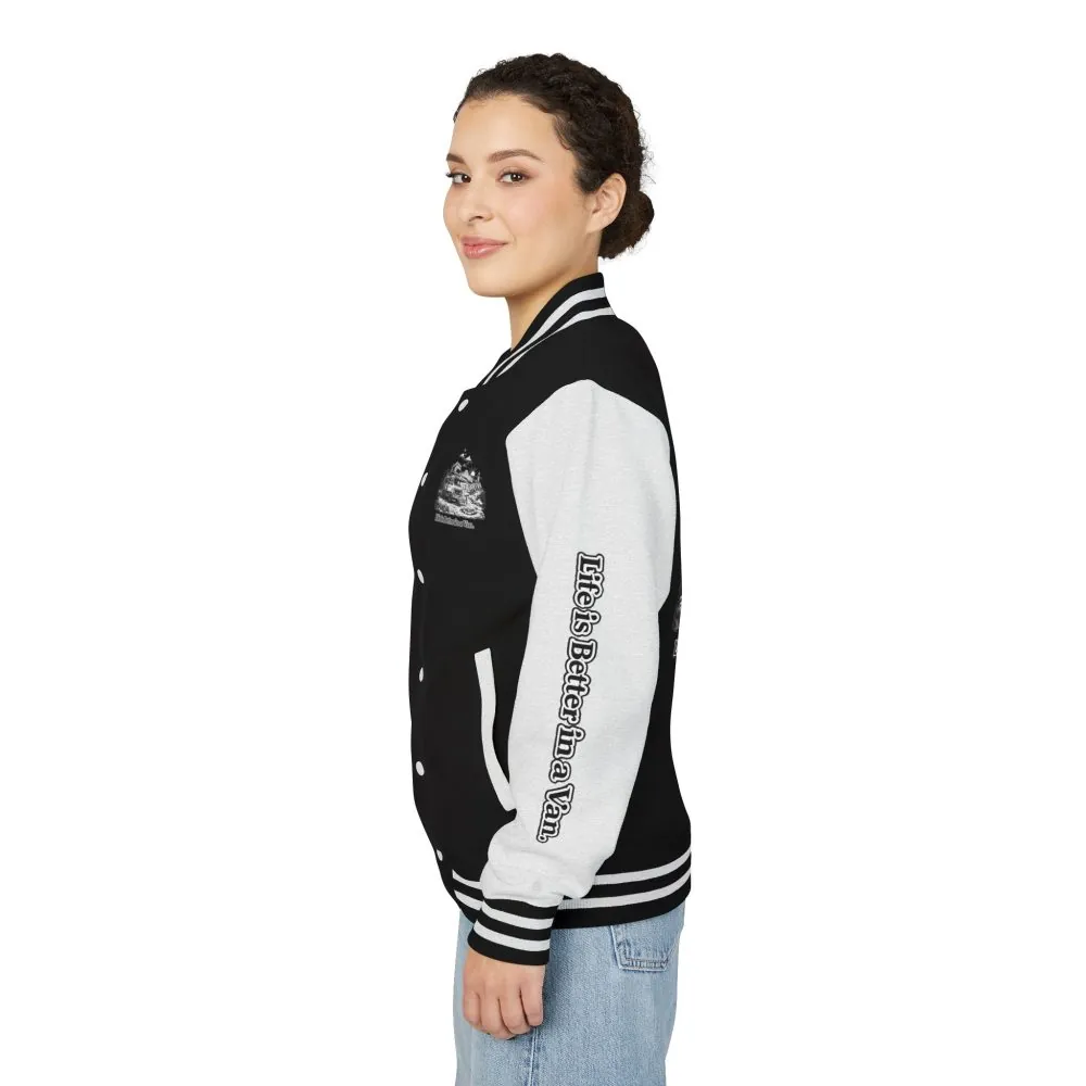 8856479525643042713_2048.jpeg Unisex Heavyweight Letterman Jacket — "Life Is Better In A Van" Travel Varsity Coat