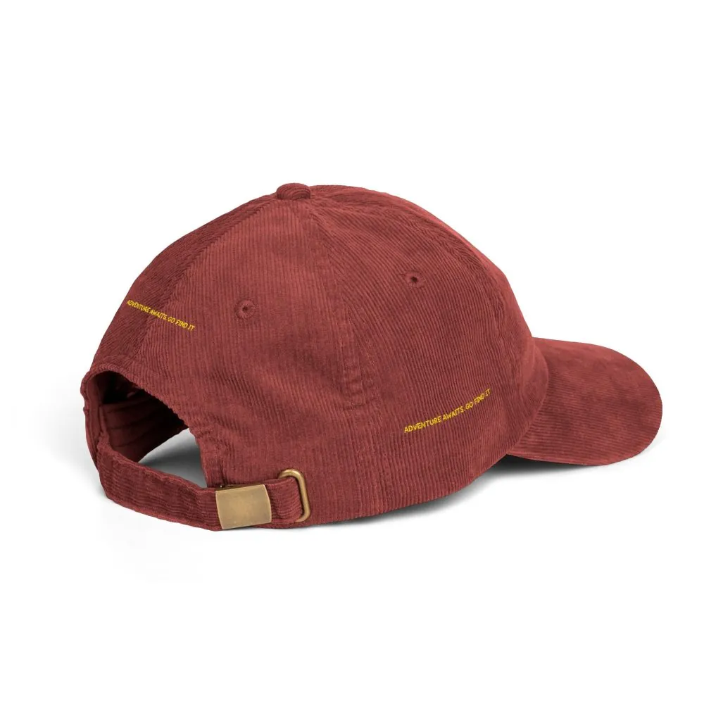 Vintage Corduroy Cap (Embroidery) — "Adventure Awaits, Go Find It" Embroidered Hat