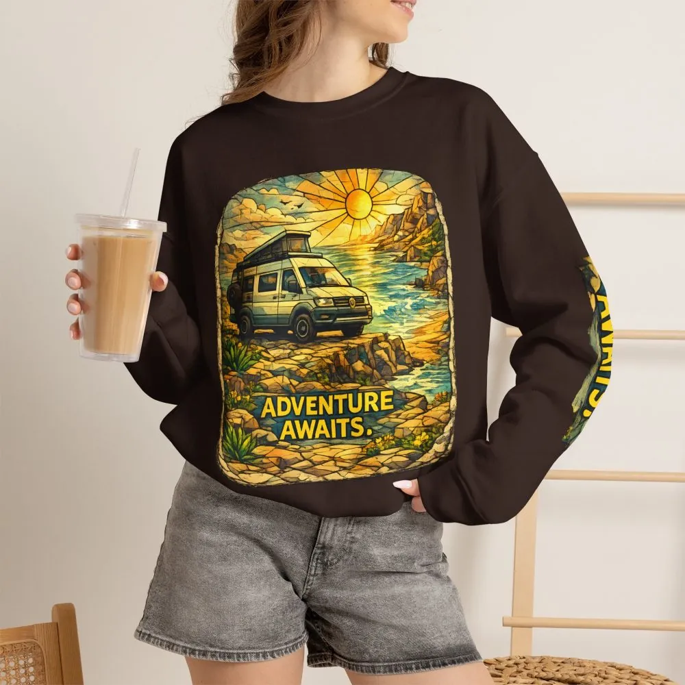 Unisex Heavy Blend™ Crewneck Sweatshirt — "Adventure Awaits" Design Cubic-Line