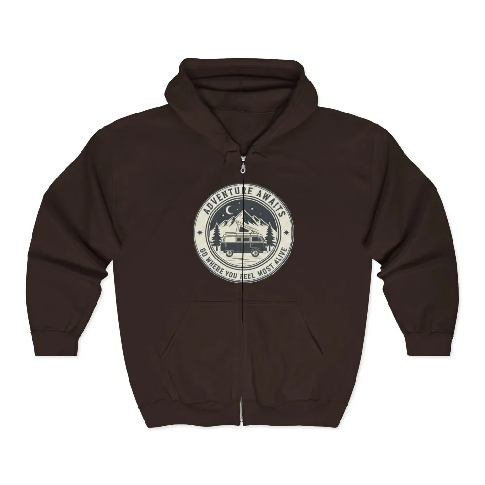 8879664026827187545_2048.jpeg Zip Hoodie — "Adventure Awaits-Go Where You Feel Most Alive" (Only Front Printed) Camper Van Adventure Zip-Up