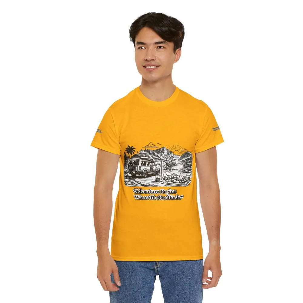 8910008416789373559_2048.jpeg Unisex Heavy Cotton Tee — "Adventure Begins Where The Road Ends" Design Minimal-Line