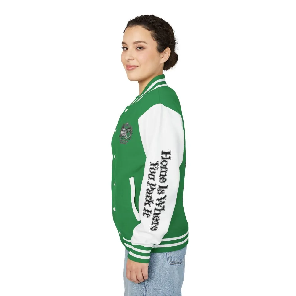 8910839787314236515_2048.jpeg Unisex Heavyweight Letterman Jacket — "Home Is Where You Park It" Travel Varsity Coat