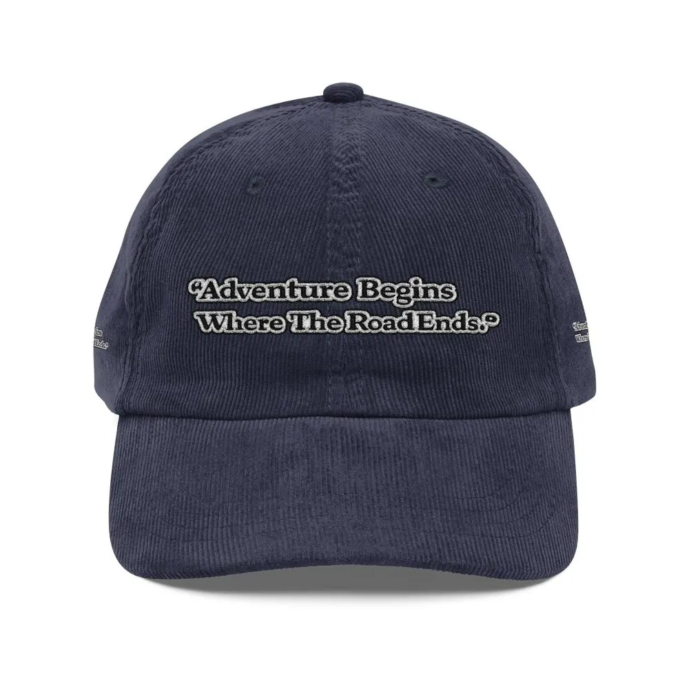 8967124844031984609_2048.jpeg Vintage Corduroy Cap (Embroidery) — "Adventure Begins Where The Road Ends" Embroidered Hat