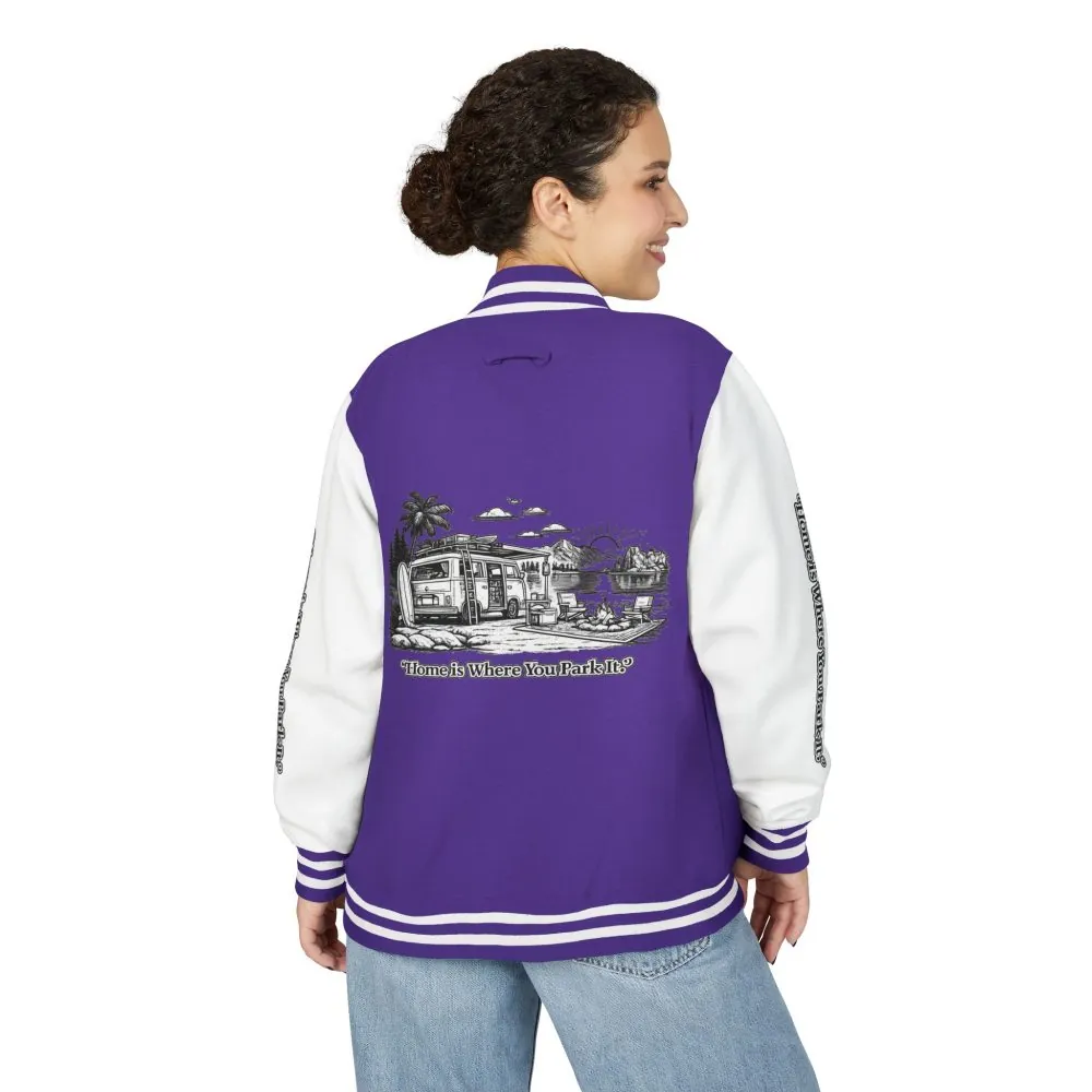 8979406184825367415_2048.jpeg Unisex Heavyweight Letterman Jacket — "Home Is Where You Park It" Travel Varsity Coat