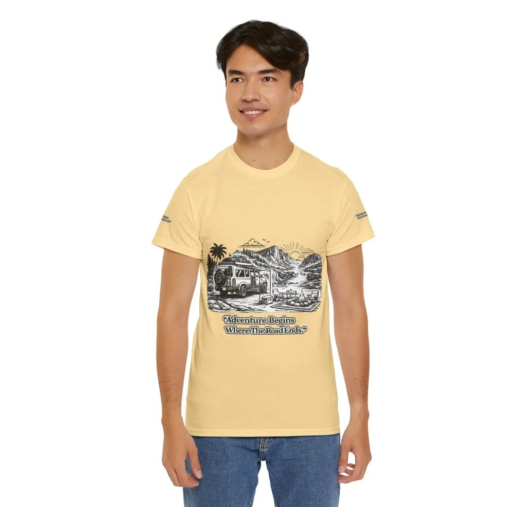 8985245582645077490_2048.jpeg Unisex Heavy Cotton Tee — "Adventure Begins Where The Road Ends" Design Minimal-Line