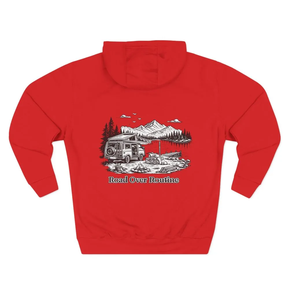 Three-Panel Fleece Hoodie - "Road Over Routine" Design Minimal-Line