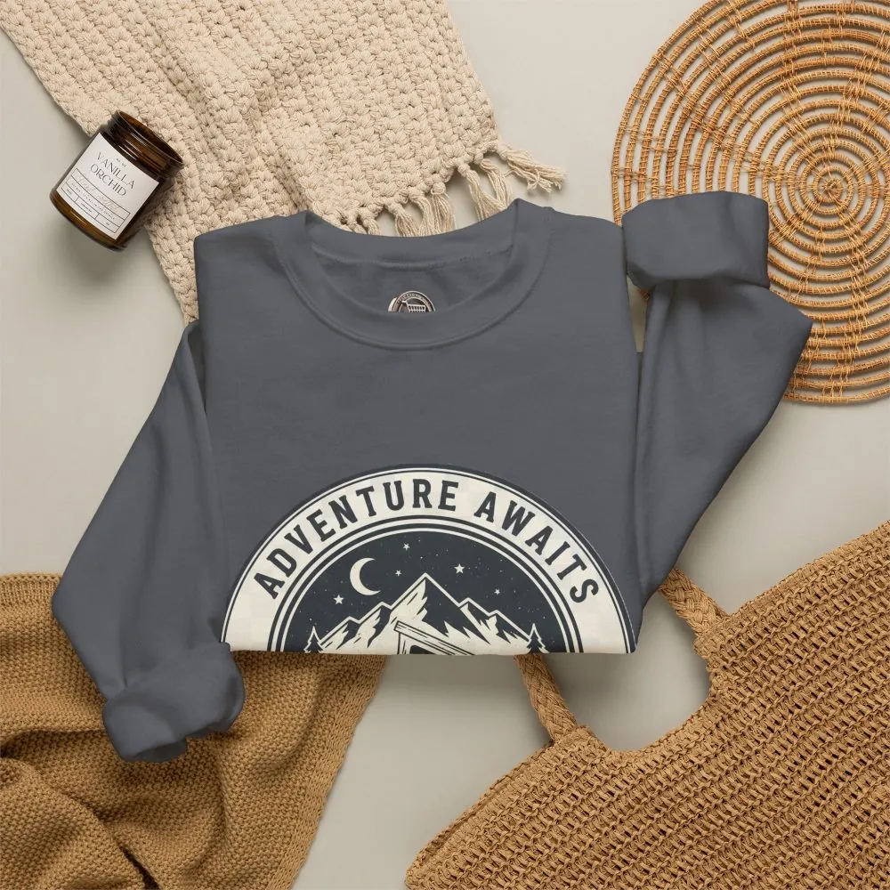Crewneck Sweatshirt — "Adventure Awaits-Go Where You Feel Most Alive" (Font + Back + Sleaves printed) Vintage Camper Van Outdoor Graphic
