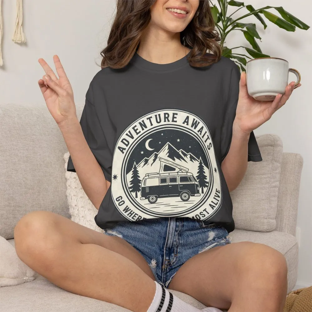9032579231938872833_2048.jpeg T-Shirt — "Adventure Awaits-Go Where You Feel Most Alive" (Only Front Printed) Outdoor Travel Tee