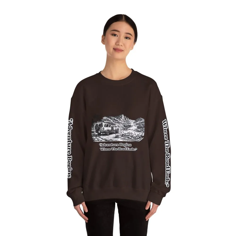 9034488182963967142_2048.jpeg Unisex Heavy Blend™ Crewneck Sweatshirt — "Adventure Begins Where The Road Ends" Design Minimal-Line