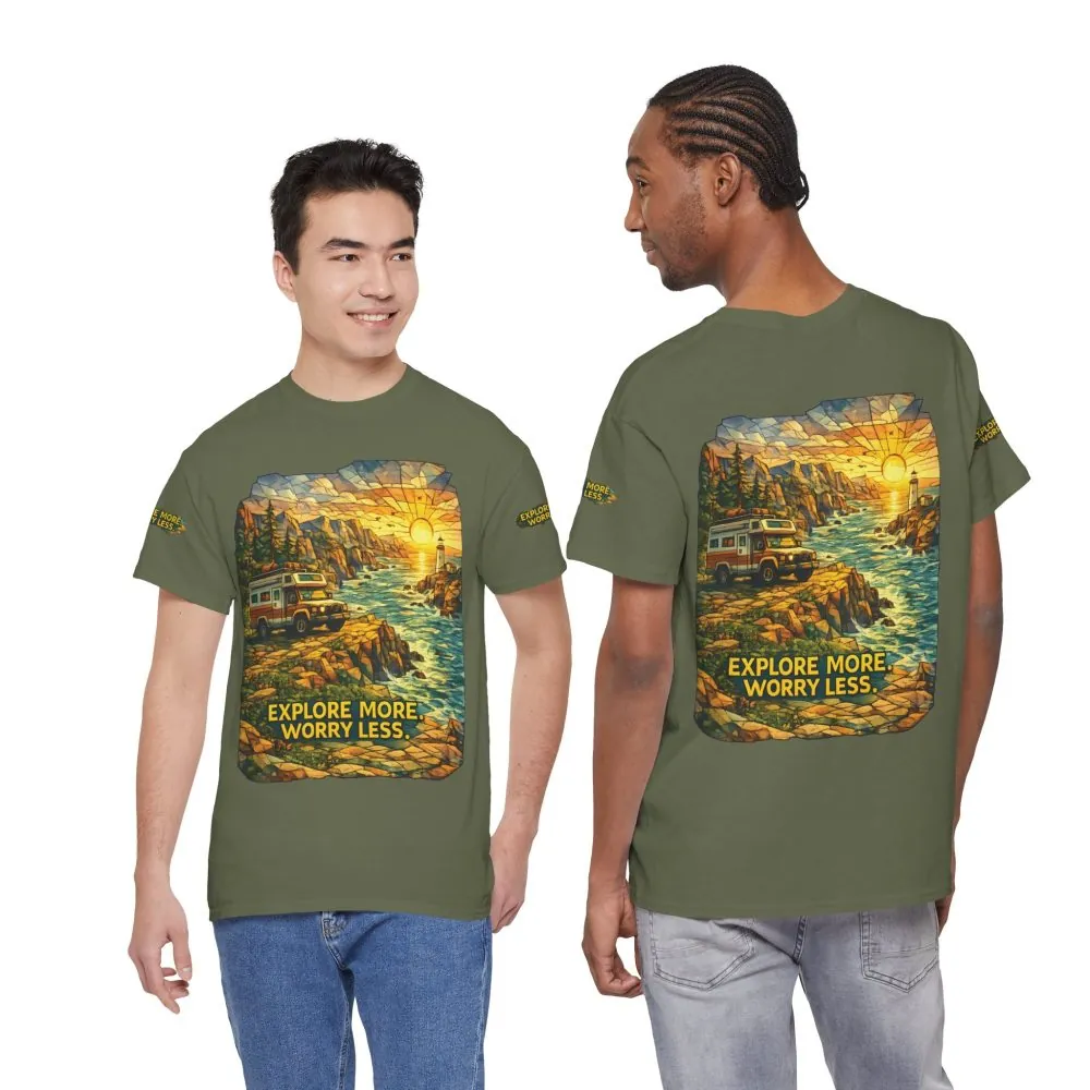 9059404125667028776_2048.jpeg Unisex Heavy Cotton Tee — "Explore More Worry Less" Design Cubic-Line
