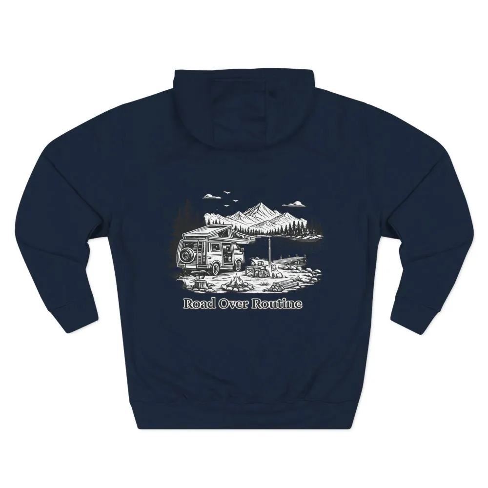 Three-Panel Fleece Hoodie - "Road Over Routine" Design Minimal-Line