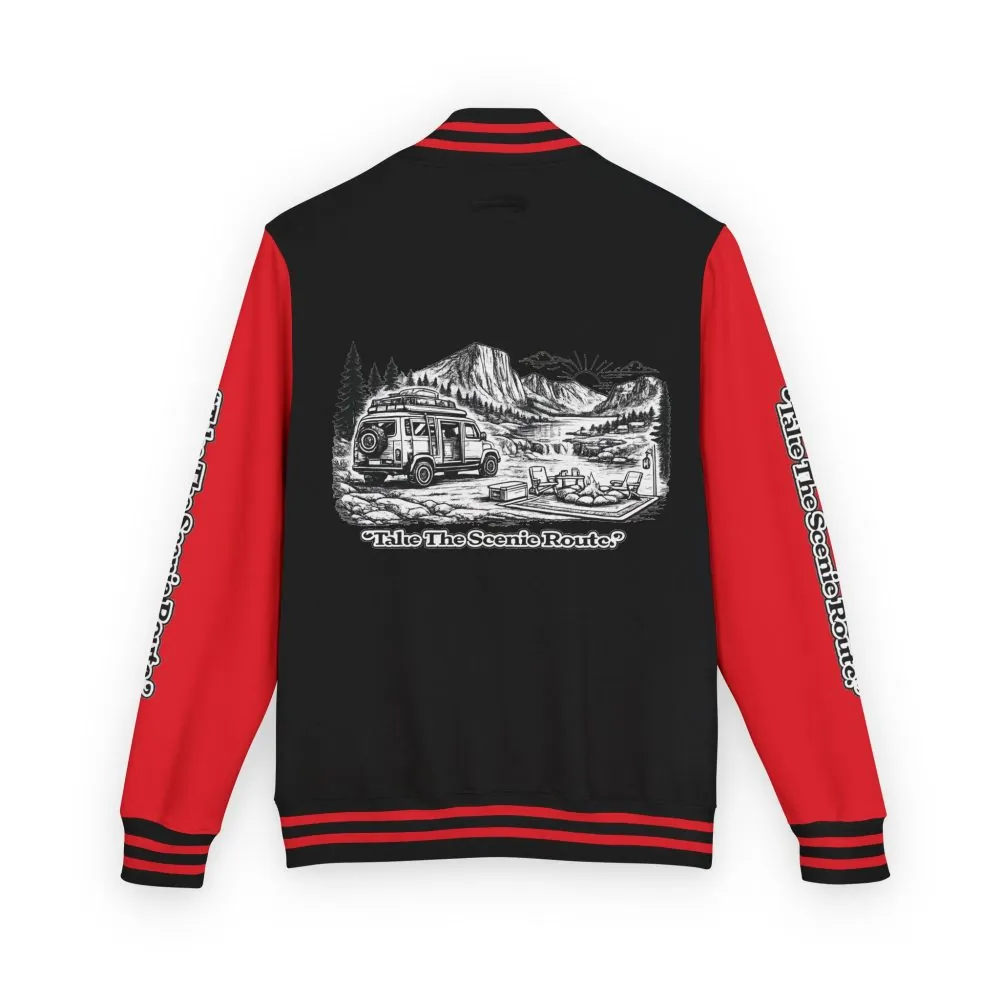 9063431607277672142_2048.jpeg Unisex Heavyweight Letterman Jacket — "Take The Scenic Route" Travel Varsity Coat
