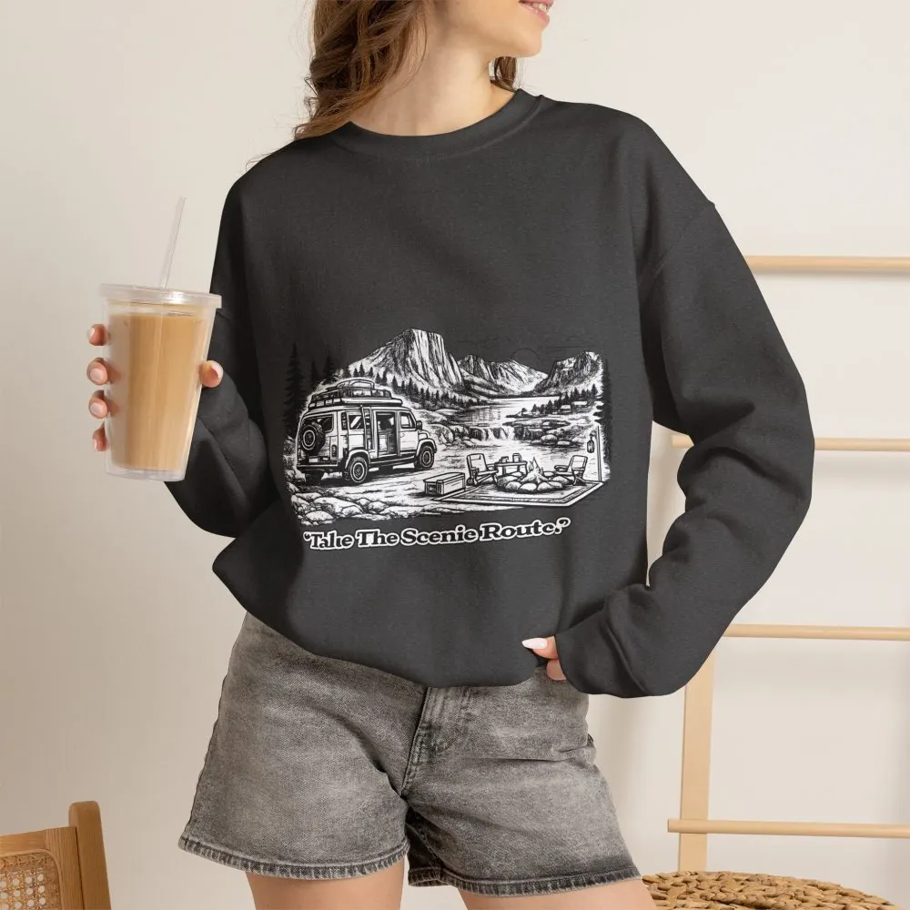 Unisex Heavy Blend™ Crewneck Sweatshirt — "Take The Scenic Route" Design Minimal-Line